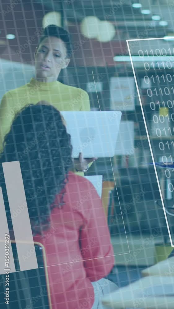 Poster animation of graphs and computer language over diverse woman with laptop discussing with colleagues