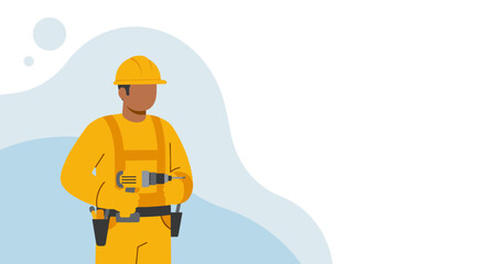a construction worker in yellow attire, including a hard hat, holding a power drill and wearing a tool belt. Suitable for landing page, banner, marketing, web design, presentation, infographic, etc.