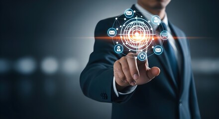 Businessman interacts with a digital interface, showcasing global networking and communication.