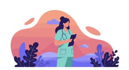 a female medical professional, possibly a nurse or doctor, standing outdoors with a clipboard in her hands. Suitable for landing page, banner, marketing, web design, presentation, infographic, etc.
