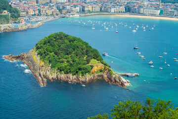 Aerial view of Santa Clara island in San Sebastián, Spain