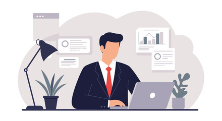 A professional businessman in a suit works diligently on his laptop at a modern office desk, surrounded by digital data elements in a clean flat design illustration.
