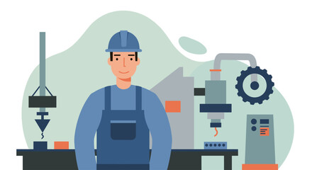 Fototapeta premium An illustrated flat design depicts a smiling male engineer in a blue uniform and hard hat standing in a modern industrial factory setting, showcasing technology.