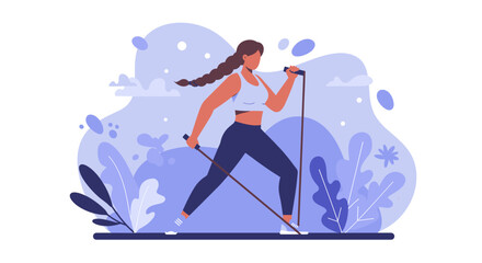 A woman performs exercises with resistance bands in a modern flat design illustration, ideal for health and fitness web content.