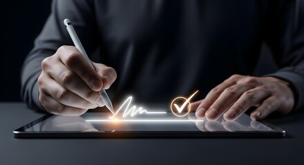 Person signing a digital document on a tablet.