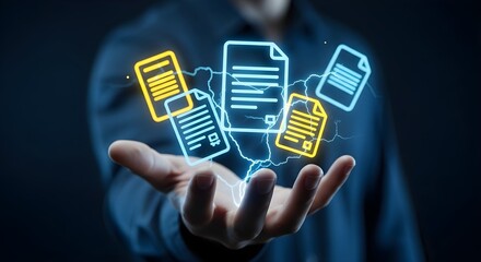 Person's hand holding glowing digital documents.
