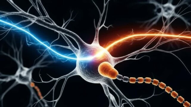 Depiction of a neuron with electrical signals passing through it on a dark background illustration
