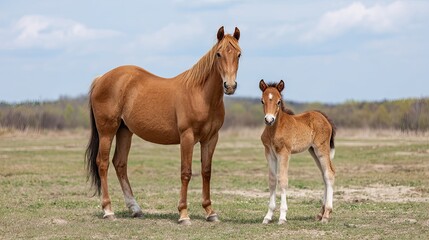 Fototapeta premium Brown mare and foal standing together on green field under blue sky during warm spring afternoon