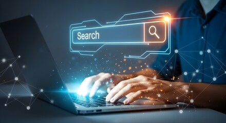 Person using a laptop, searching online. Futuristic interface.