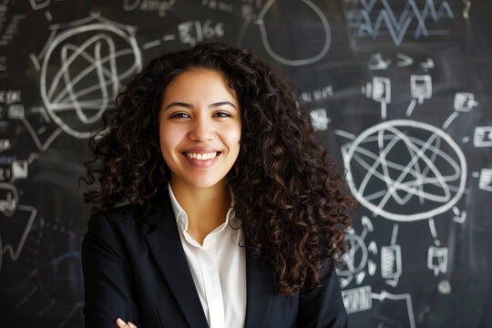 Smiling woman with curly hair, wearing a business suit, standing in front of a blackboard with geometric figures and equations.
