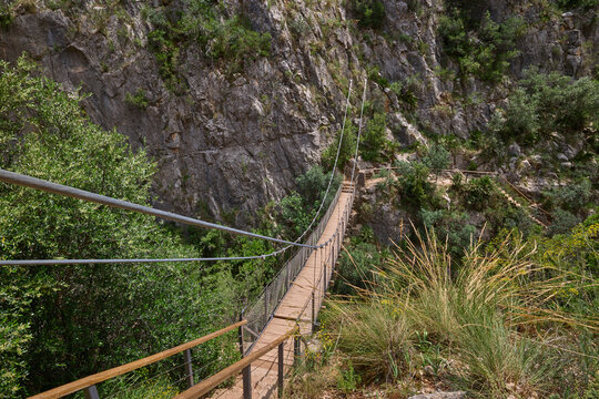 Fototapeta Footbridge, rope suspension bridge over the river Turia