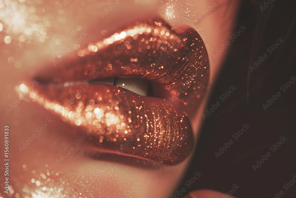 Poster glamorous lips adorned with glittering copper sparkles, creating a captivating and luxurious visual 