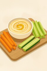 Minimalistic Illustration of Hummus Bowl with Vegetable Sticks on Wooden Cutting Board