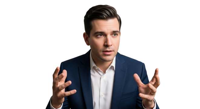 A man in a suit gesturing with both hands while looking forward.