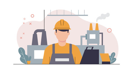 A male factory worker in a hard hat and overalls stands confidently in front of an industrial manufacturing plant, depicted in a modern flat design illustration.