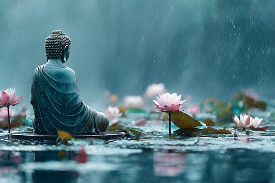 A serene Buddha statue sits in meditation during a gentle rain, embodying mindfulness, peace, and spiritual reflection amidst nature's cleansing.