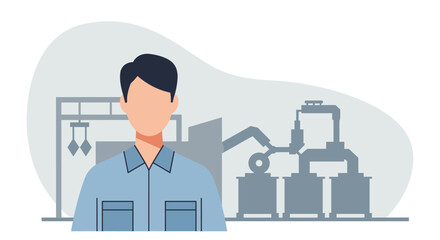 a man in a blue shirt standing in front of a factory with machinery in the background. Suitable for landing page, banner, marketing, web design, presentation, infographic, etc.