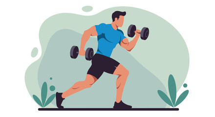 a man in a blue shirt and black shorts engaged in weightlifting, with dumbbells in his hands. Suitable for landing page, banner, marketing, web design, presentation, infographic, etc.