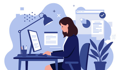 A professional woman works diligently at her desk, immersed in web design and marketing tasks, using a computer with a lamp, plants, and digital elements in a flat design illustration.