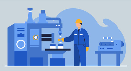 a worker in blue overalls and a hard hat operating a machine with various blue and gray components. Suitable for landing page, banner, marketing, web design, presentation, infographic, etc.