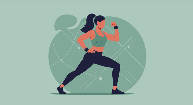 Flat design illustration of a sporty woman exercising, ideal for fitness websites, landing pages, banners, marketing materials, and presentations.