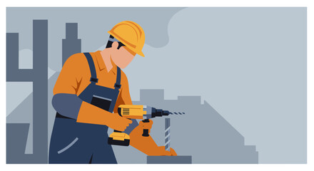 A construction worker using a drill, illustrated in flat design style, perfect for web banners, landing pages, presentations, and marketing materials.