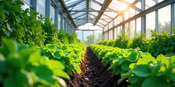Sunlight Drenched Greenhouse Lush Green Plants Thriving in a Modern Indoor Garden