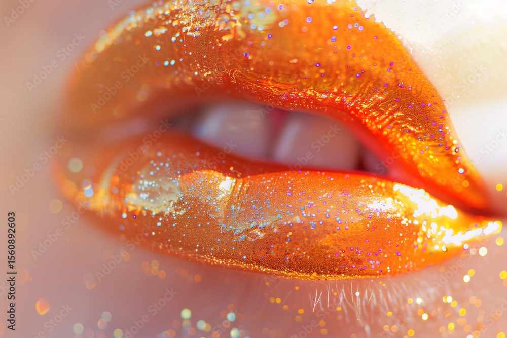 Poster close-up of glossy orange lips adorned with shimmering glitter, creating a dazzling and glamorous ef
