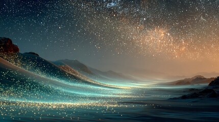 Night desert scene glowing bioluminescent sand surreal terrain under starry sky shimmering particles across dunes mysterious and magical mood cinematic lighting