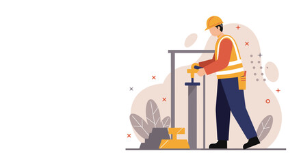 Flat design illustration of a construction worker using a drill for a website banner, landing page, marketing, or presentation.