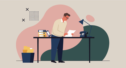 a man standing at a desk, focused on reading a document, with a telephone, lamp, and folders nearby. Suitable for landing page, banner, marketing, web design, presentation, infographic, etc.