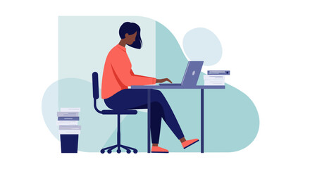 a woman seated at a desk, engrossed in work on a laptop, surrounded by stacks of papers. Suitable for landing page, banner, marketing, web design, presentation, infographic, etc.