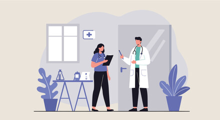A modern flat design illustration depicts a doctor and nurse discussing a patient's chart in a clean, minimalist medical office setting, suitable for a website landing page.