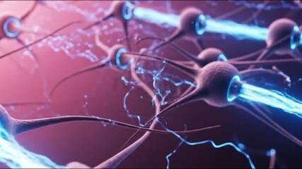 Close up view of nerve cells transmitting signals with glowing blue energy on a pink background scene - Powered by Adobe