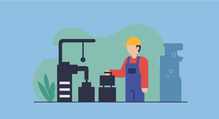 Flat design illustration of a factory worker operating a machine in a modern industrial setting, ideal for presentations, landing pages, and marketing banners.