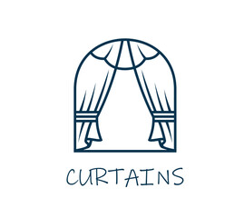 Opera theater or home window interior curtain icon. Theater performance or opera concert stage drapery or curtain linear vector symbol or emblem. Home window fabric blinds shop or store icon or sign