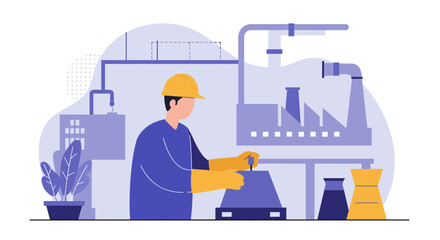 Industrial worker in hard hat and gloves operates machinery in a factory setting, illustrating manufacturing and industry with flat design.