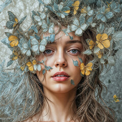 Ethereal Woman with Floral Crown and Butterfly Adornments