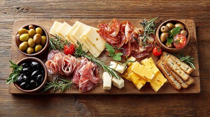 Delicious charcuterie board with assorted cheese, cured meat, olives, and herbs on wooden background