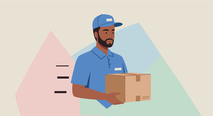 Flat design illustration of a delivery man holding a package, perfect for marketing and web design presentations.