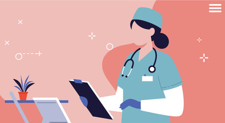 A healthcare professional, rendered in a flat design style, reviews a patient's information on a clipboard, suitable for medical presentations and landing page design.