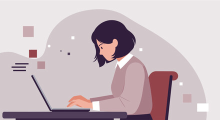 Modern flat design illustration of a focused woman working on a laptop for a digital marketing presentation or website.
