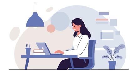 A woman is seated at a desk, focused on her work on a laptop, with a potted plant and a lamp nearby. Suitable for landing page, banner, marketing, web design, presentation, infographic, etc.