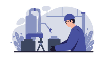 An illustration depicts a factory worker overseeing automated machinery, showcasing modern industrial processes and technological advancements in a flat design style, suitable for presentations.