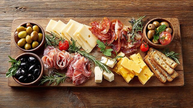 Delicious charcuterie board with assorted cheese, cured meat, olives, and herbs on wooden background