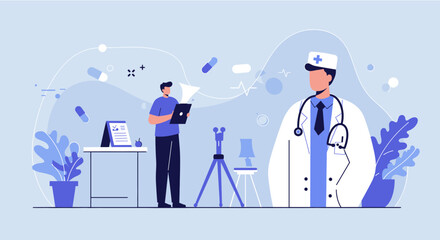 A modern flat design illustration showcases a doctor and patient interacting with technology for healthcare solutions, perfect for a website landing page or marketing banner.