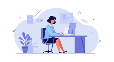 Fototapeta premium A young woman is diligently working on her laptop at a modern desk, surrounded by digital elements in a clean flat design illustration.