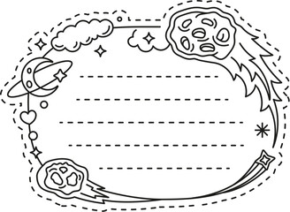 Space comet and meteorite kids memo note template. Kids memo note frame, scrapbook linear vector To Do list. Children schedule outline template or child diary page with shooting star, galaxy meteorite