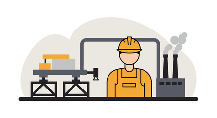Modern flat design illustration of a factory worker in a hard hat overseeing industrial production on a manufacturing line.