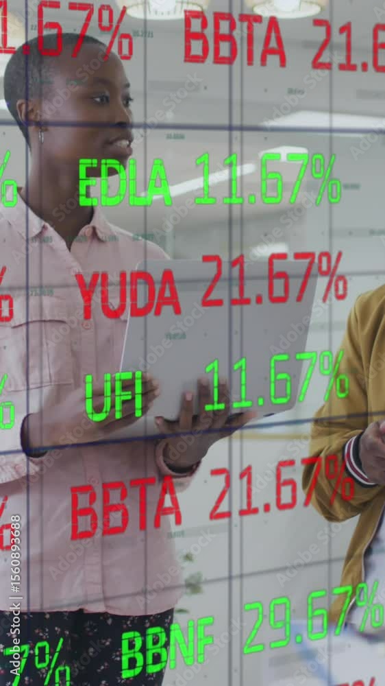 Poster animation of stock market data processing over team of diverse colleagues discussing at office
